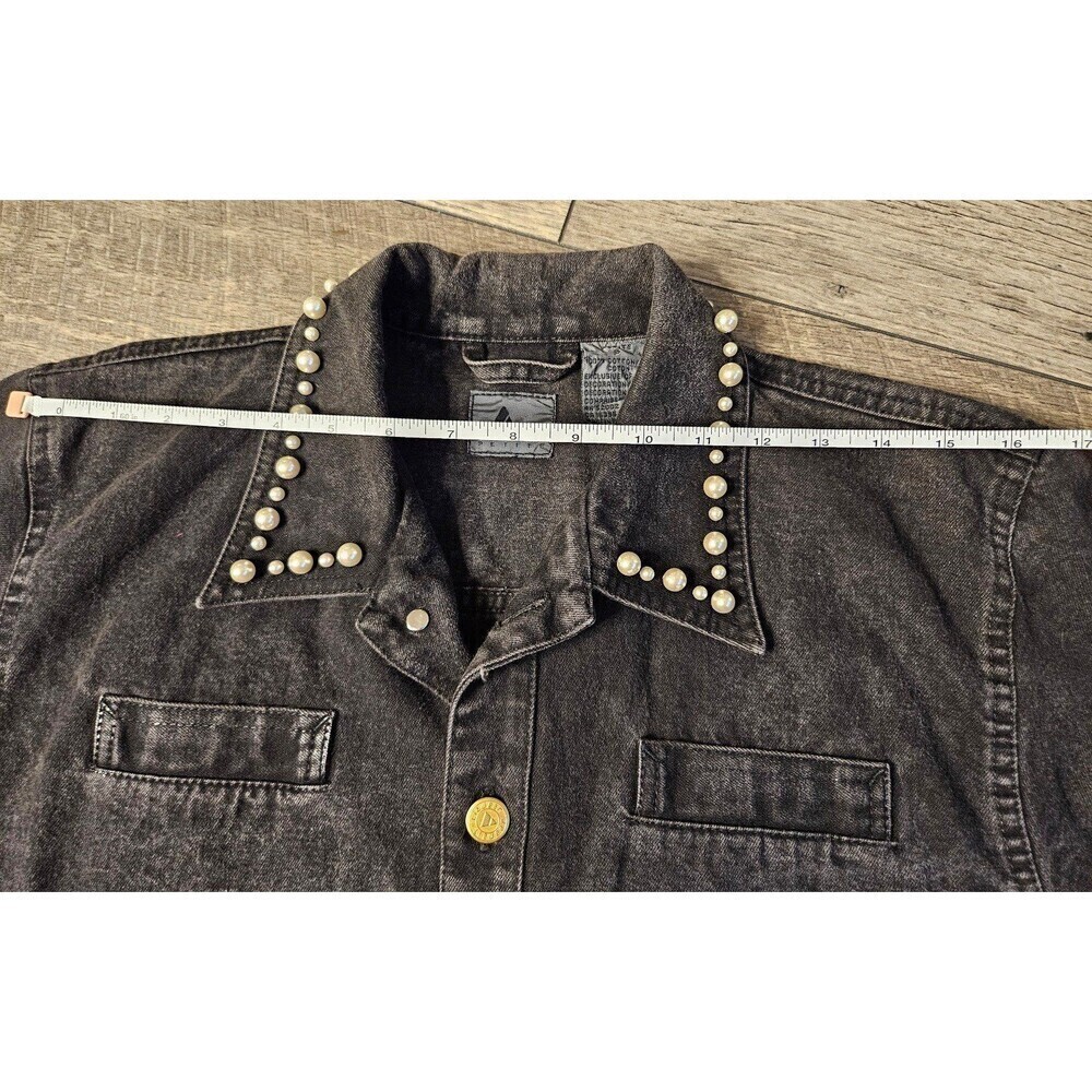 Liz Claiborne Vintage Lizwear Black Denim Jacket Pearls Japanese Flowers - Picture 10 of 14
